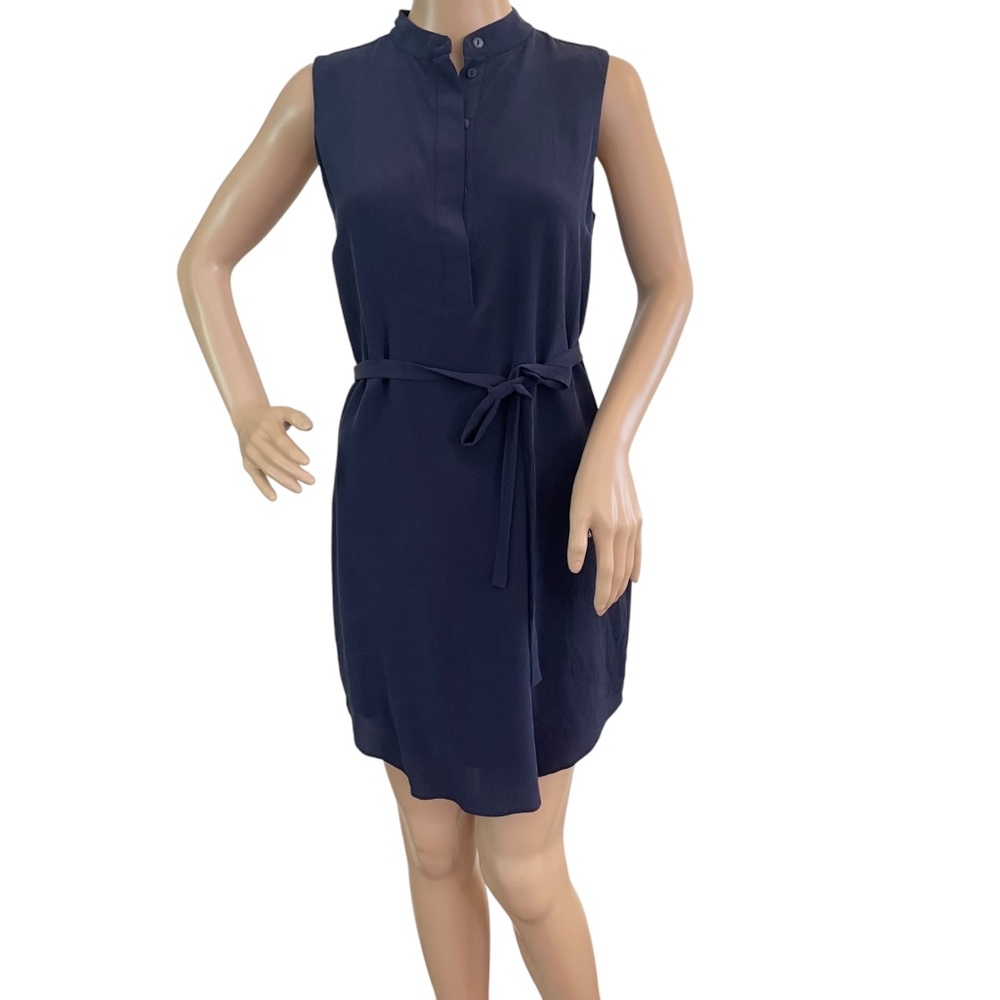 GRANA double layer silk Navy Blue sleeveless shirt dress belted XS
